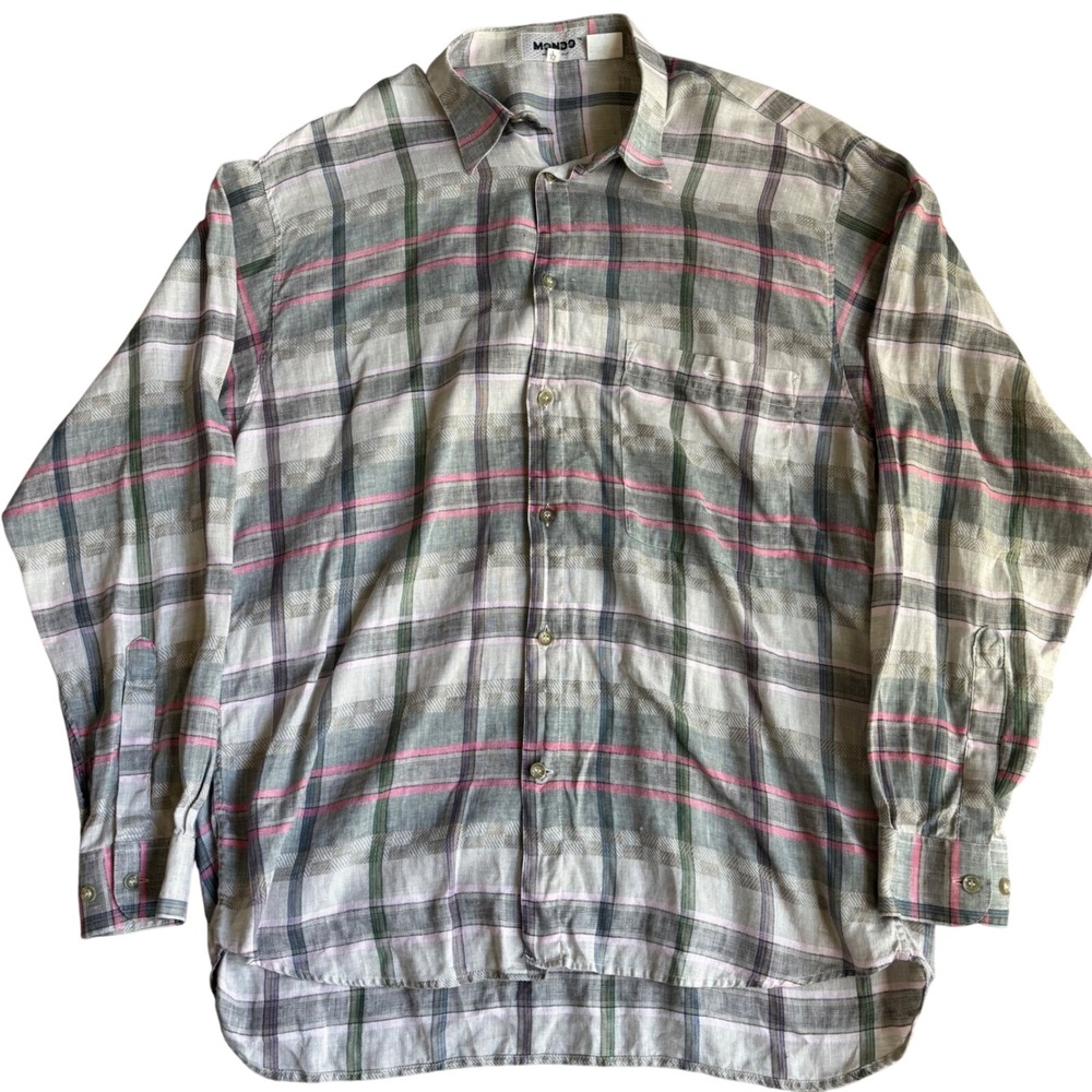 Mondo Made‎ in Italy 100% Linen Plaid Button Down Shirt Mens L Grey Pink Green